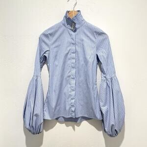 Caroline Costas Jacqueline Poof Sleeve Button Up Top Womens XS Blue Stripe